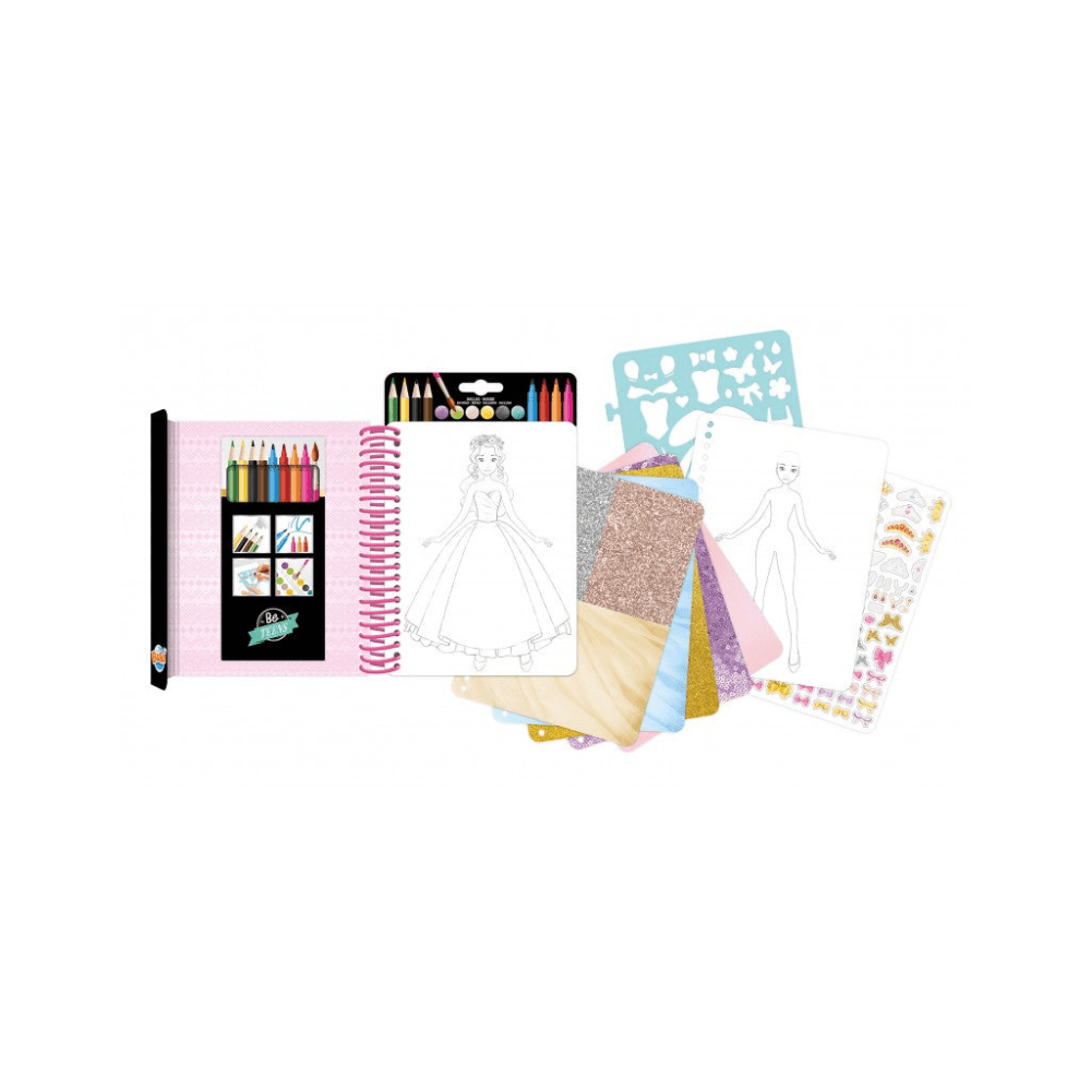 Princess dress sketchbook set with blank dress pages, stencils, and color pieces