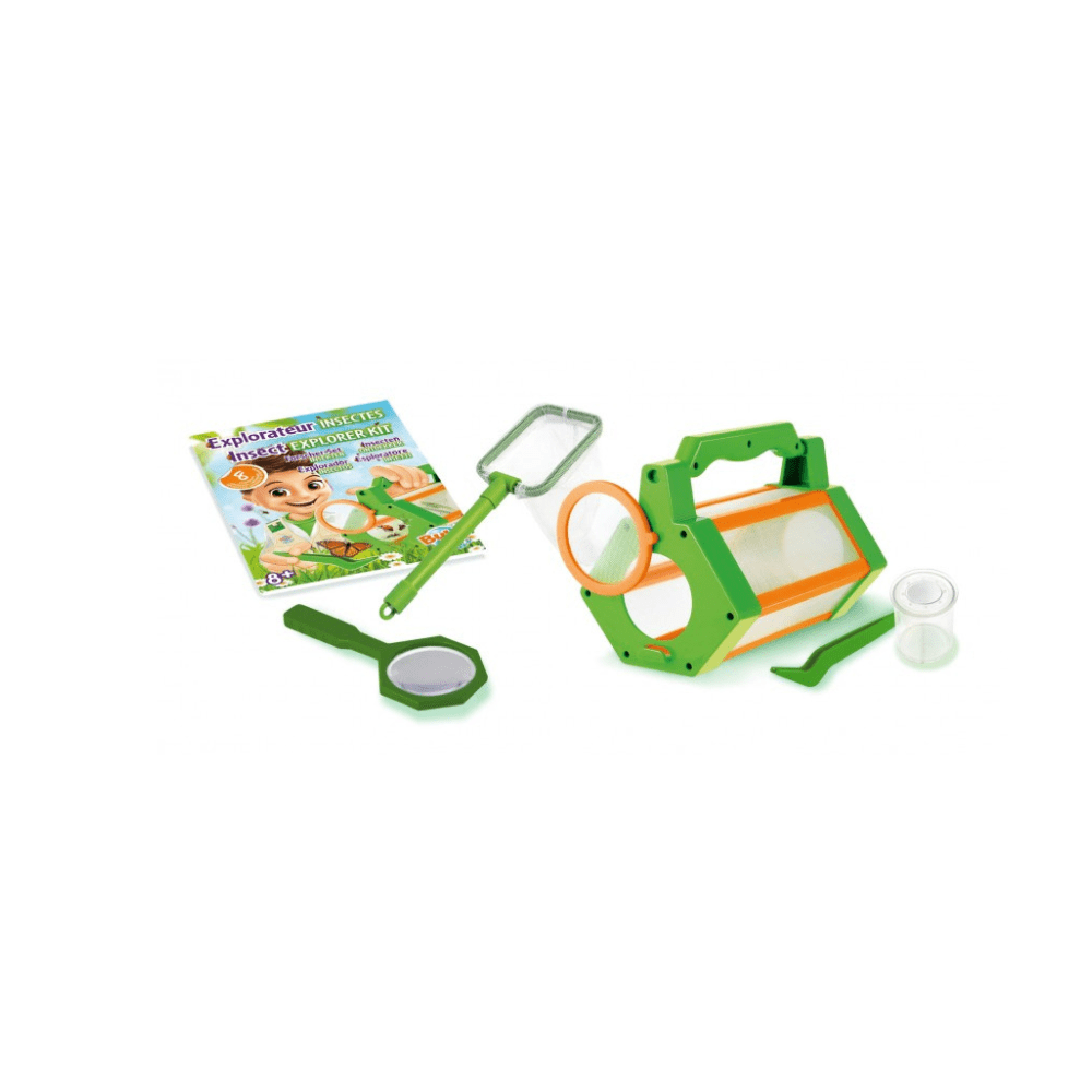 Insect Explorer science kit components: green viewer, magnifier, tools, booklet, jars