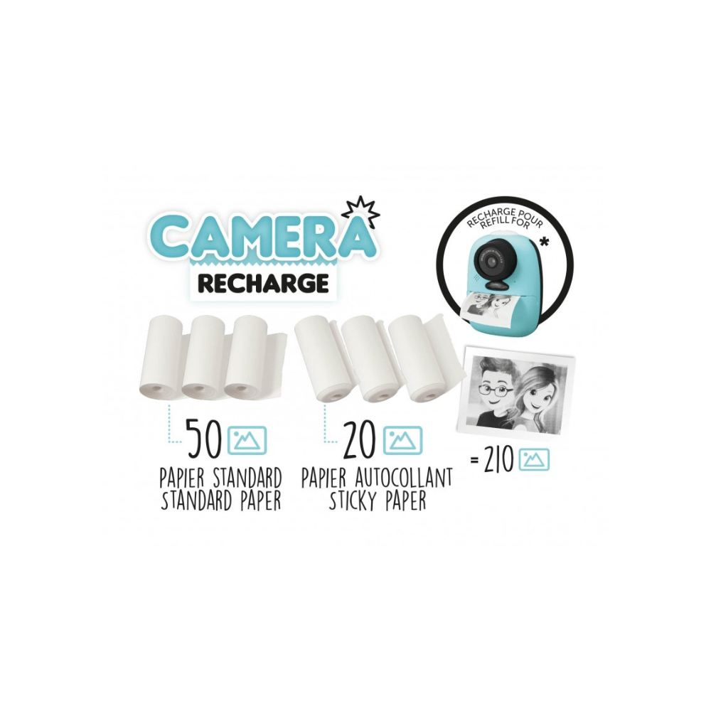 Camera recharge refill with 50 standard and 20 sticky paper rolls.
