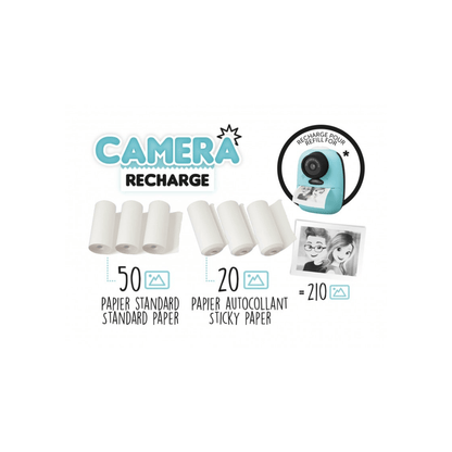 Camera recharge refill with 50 standard and 20 sticky paper rolls.