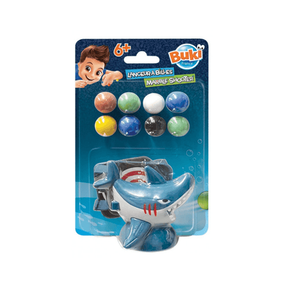 Marbles launcher toy set: blue shark launcher with colorful marbles, in box
