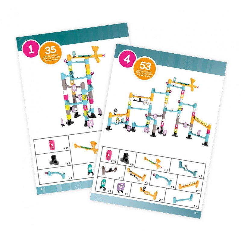 Marble track set instruction sheets with numbered step diagrams and part counts
