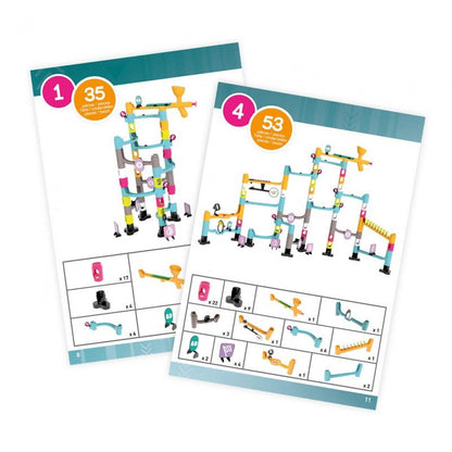 Marble track set instruction sheets with numbered step diagrams and part counts