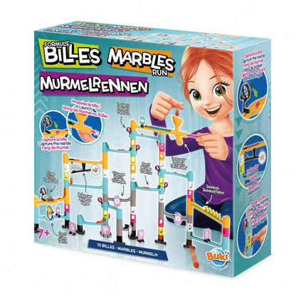 Marble run set box with colorful track pieces and smiling child character