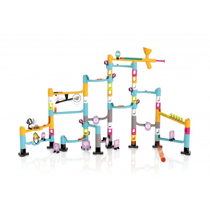 Marble track set with multicolor plastic towers, pipes, and track paths