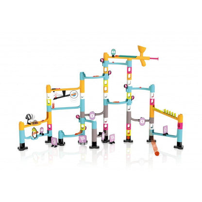 Marble track set with multicolor plastic towers, pipes, and track paths