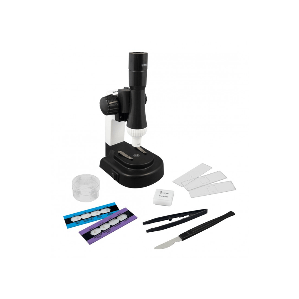 Black tabletop microscope with included accessories, slides, and viewing parts