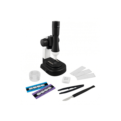 Black tabletop microscope with included accessories, slides, and viewing parts