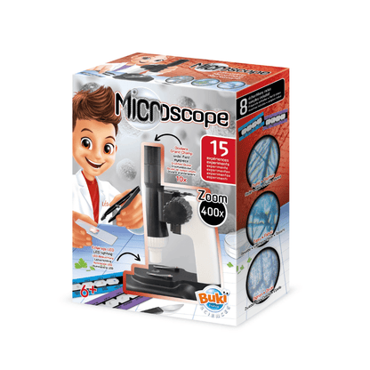 Kids microscope experiment kit in retail box with toy microscope illustration