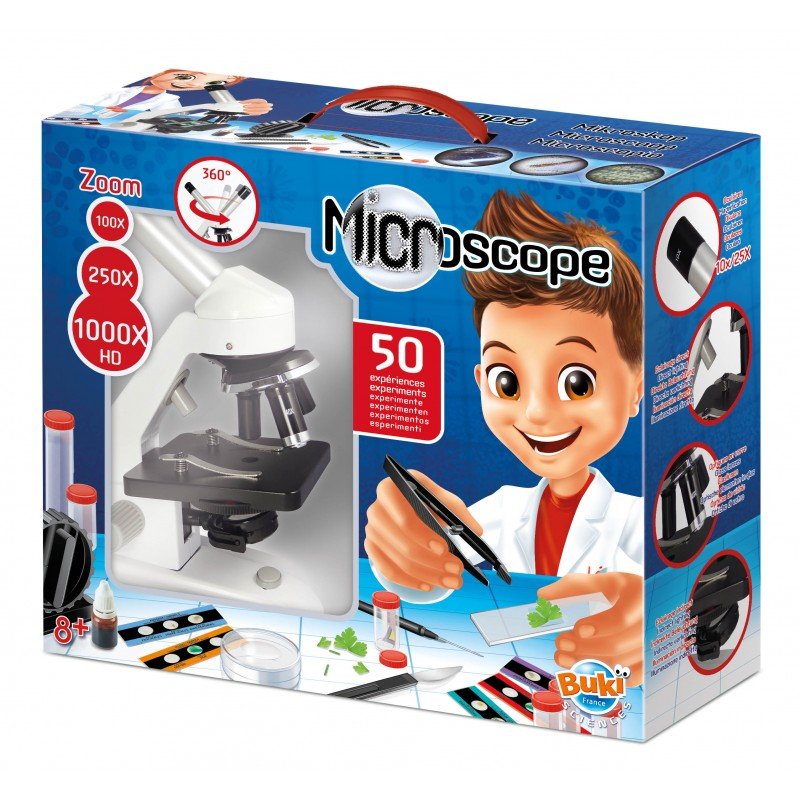 Microscope 50 experiments kit box with white microscope, tools, and scientist cartoon