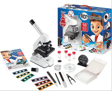 Microscope 50 experiments kit with white microscope, vials, slides, tools, and cards