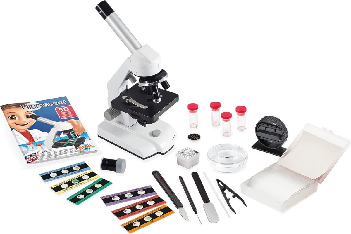 Microscope 50 experiments kit with white microscope, specimen tools, vials, and color cards