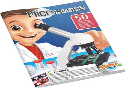 Microscope 50 experiments kit box front with cartoon character and microscope illustration