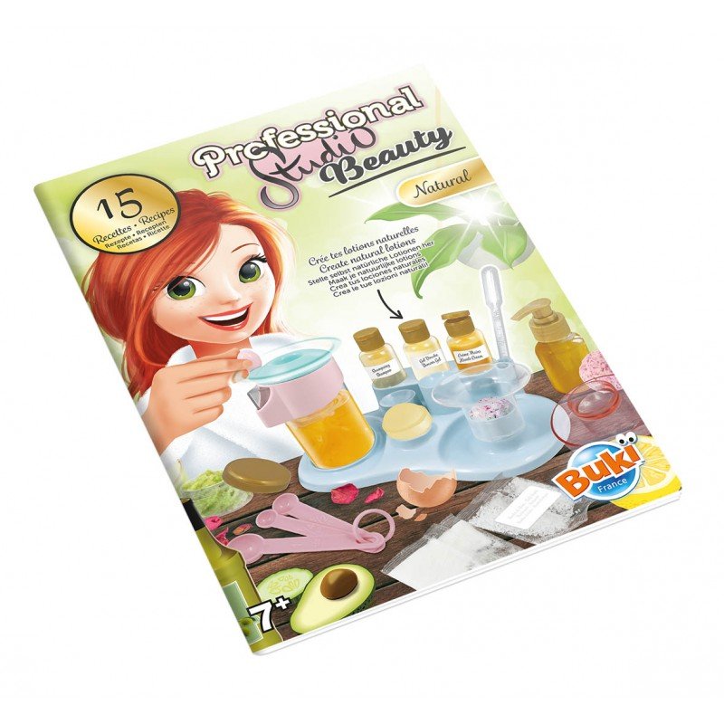 Natural beauty set booklet with illustrated girl holding a cup and ingredient bottles