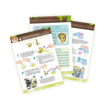 Beauty set instruction cards with numbered steps and ingredient bottle diagrams