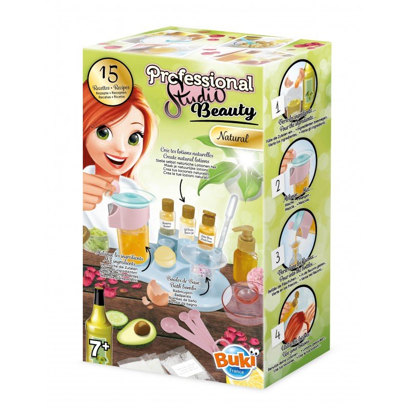 Natural beauty set box with bath bottles, tubs and scoop tools