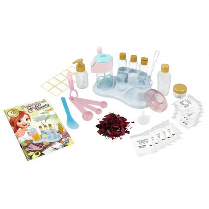 Beauty set accessories tray with bottles, cups, pink tools and packets