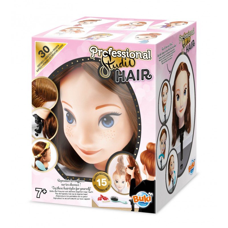 Professional Studio Hair play set box featuring a doll head with brown hair and tools