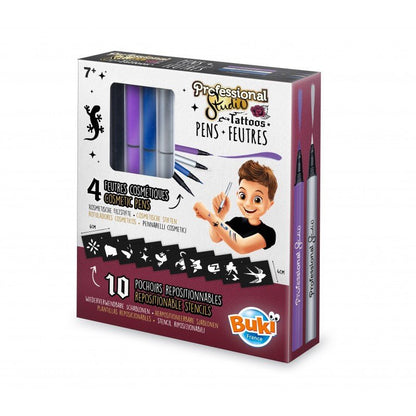Silver Tattoo Pens kit box with 4 pens and stencil designs, Buki