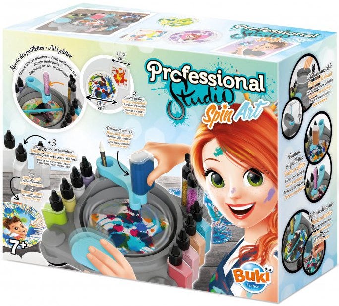 Spin art studio kit box with colorful spin art designs and accessory bottles, for kids