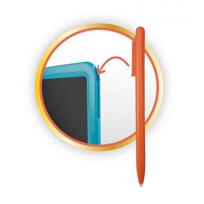 Teal LCD drawing tablet with orange stylus pen, showing writing area