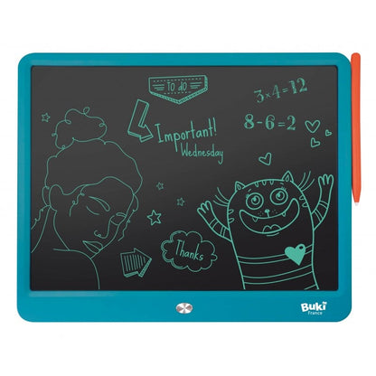 XL LCD drawing tablet close-up: black screen with green writing and teal border