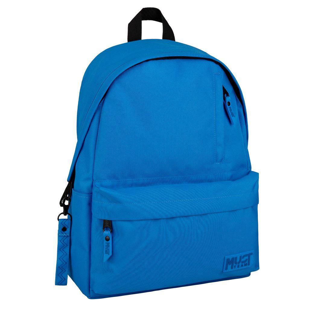Light blue backpack with dark blue trim, front zip pocket and adjustable straps.