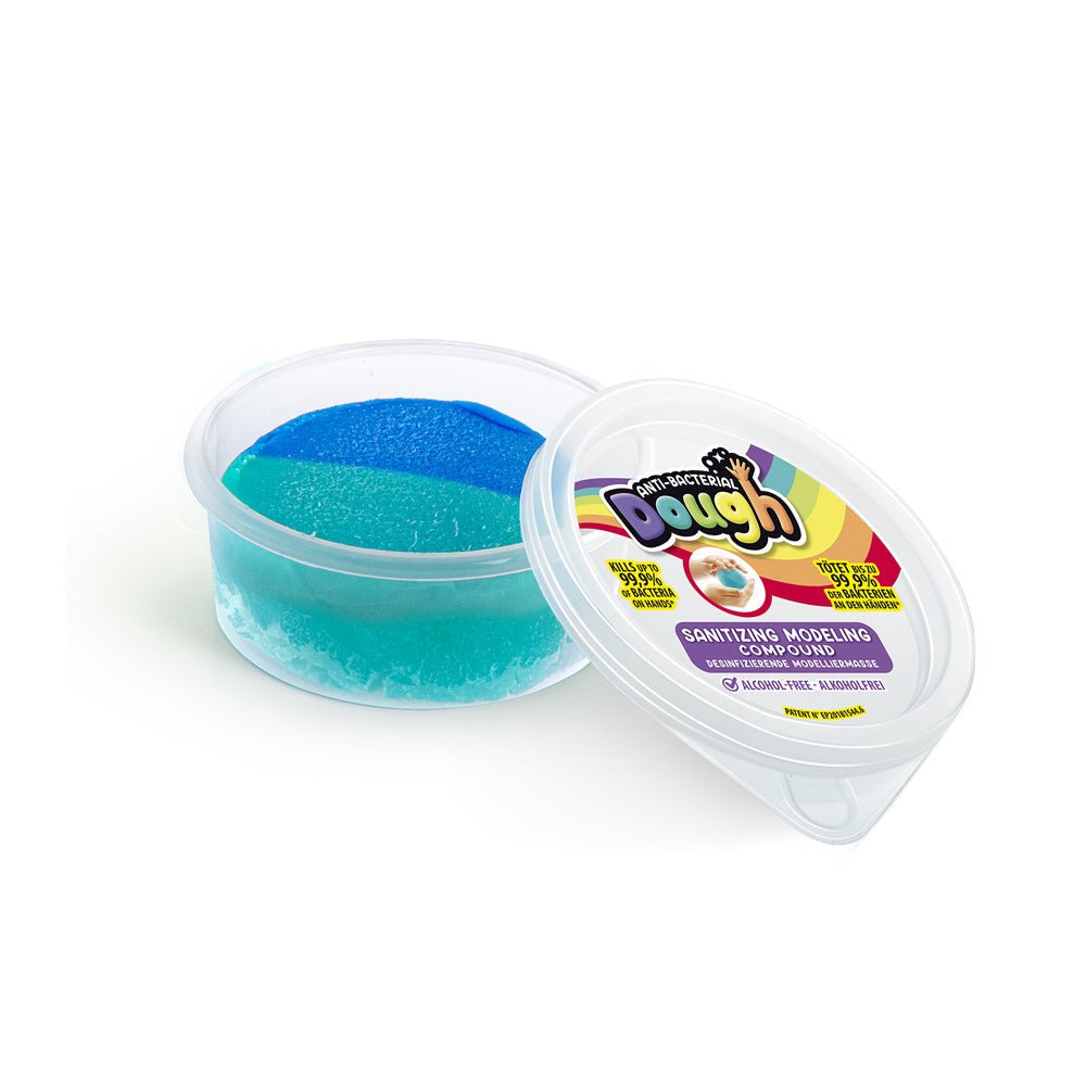 Antibacterial dough pot with open lid, teal and blue antibacterial modeling compound