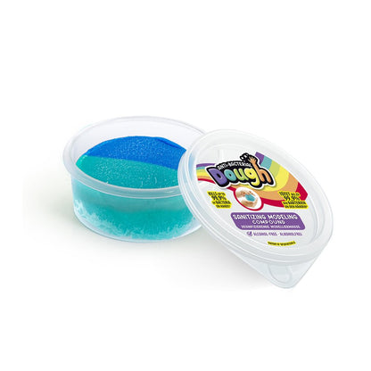 Antibacterial dough pot with open lid, teal and blue antibacterial modeling compound