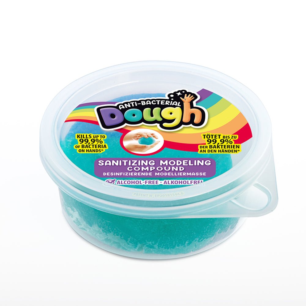 Antibacterial dough pot with clear lid over teal blue modeling compound