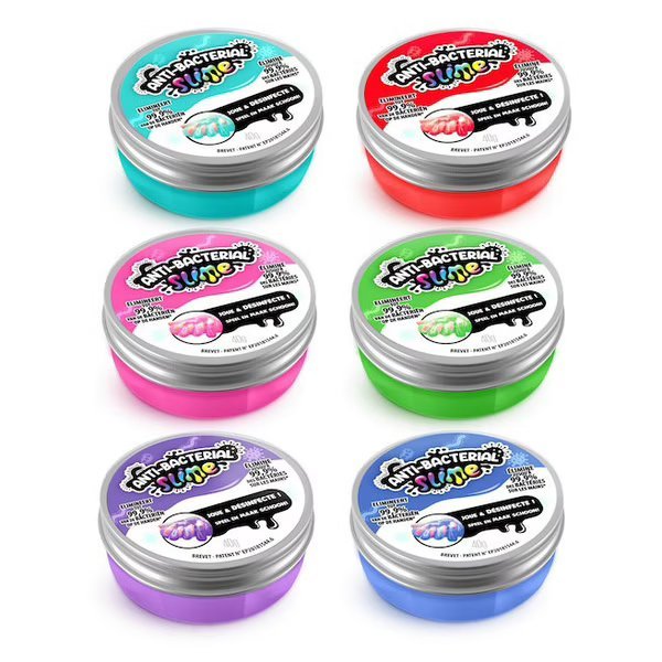 Antibacterial slime pot set of six colored tubs with printed labels