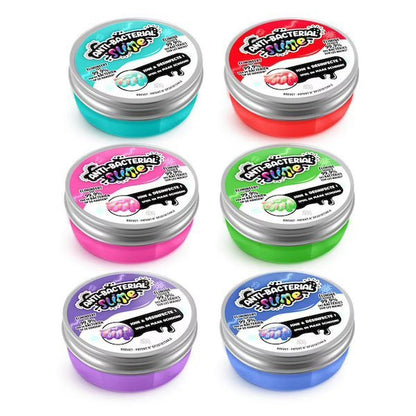 Antibacterial slime pot set of six colored tubs with printed labels