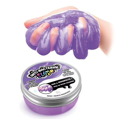 Antibacterial slime pot with purple slime in metal-lidded tub
