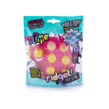 Fidget slime pop gel toy in glitter pink pouch with yellow bead-like bubbles