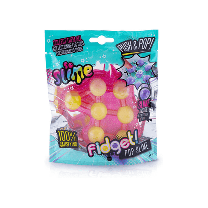 Fidget slime pop gel toy in glitter pink pouch with yellow bead-like bubbles