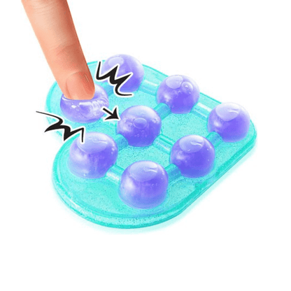 Light blue fidget slime pop gel with purple ball bubbles, finger pressing