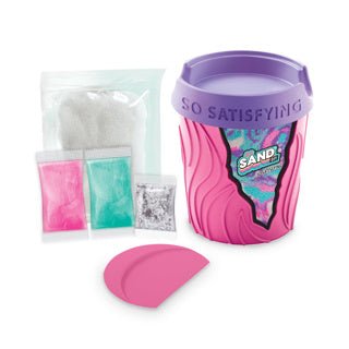 Scented sand DIY kit pieces with pink and teal sand blocks, bucket and tray