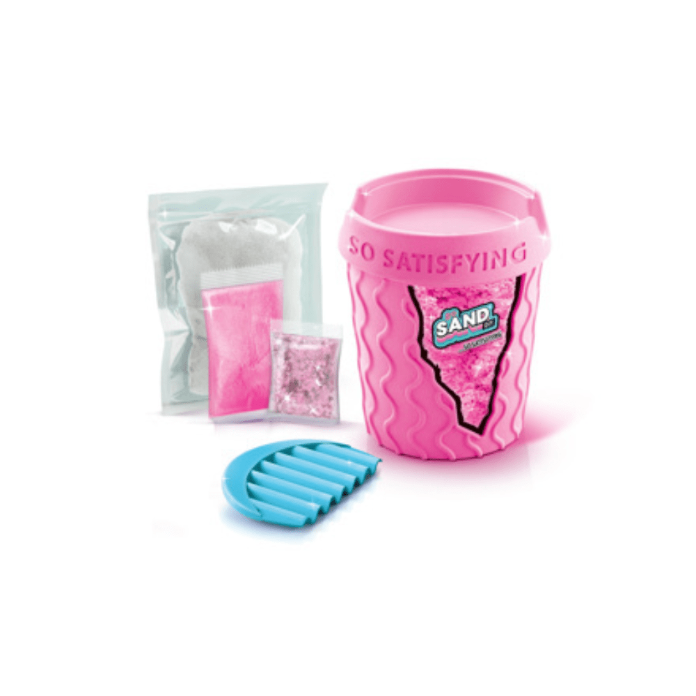 Scented sand DIY kit bucket with pink sand, gray and pink refill packs