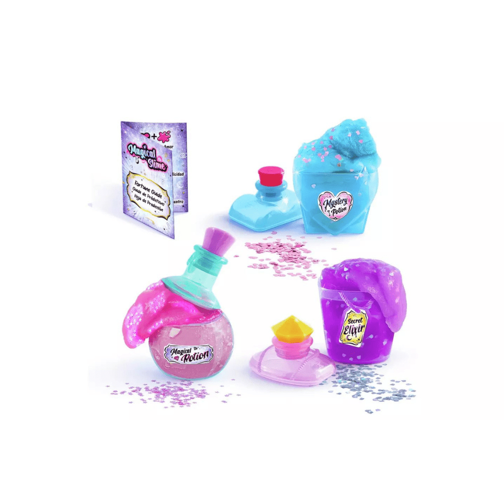 DIY magical slime set with three slime bottles and small mystery container plus confetti