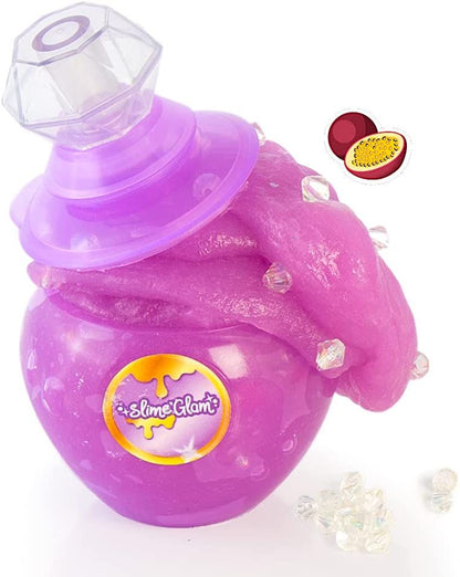 Purple slime shaker with clear lid and handle, with small silver beads inside