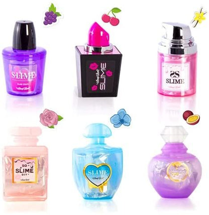 Set of slime shaker bottles in purple, black-and-pink, pink, and blue colors