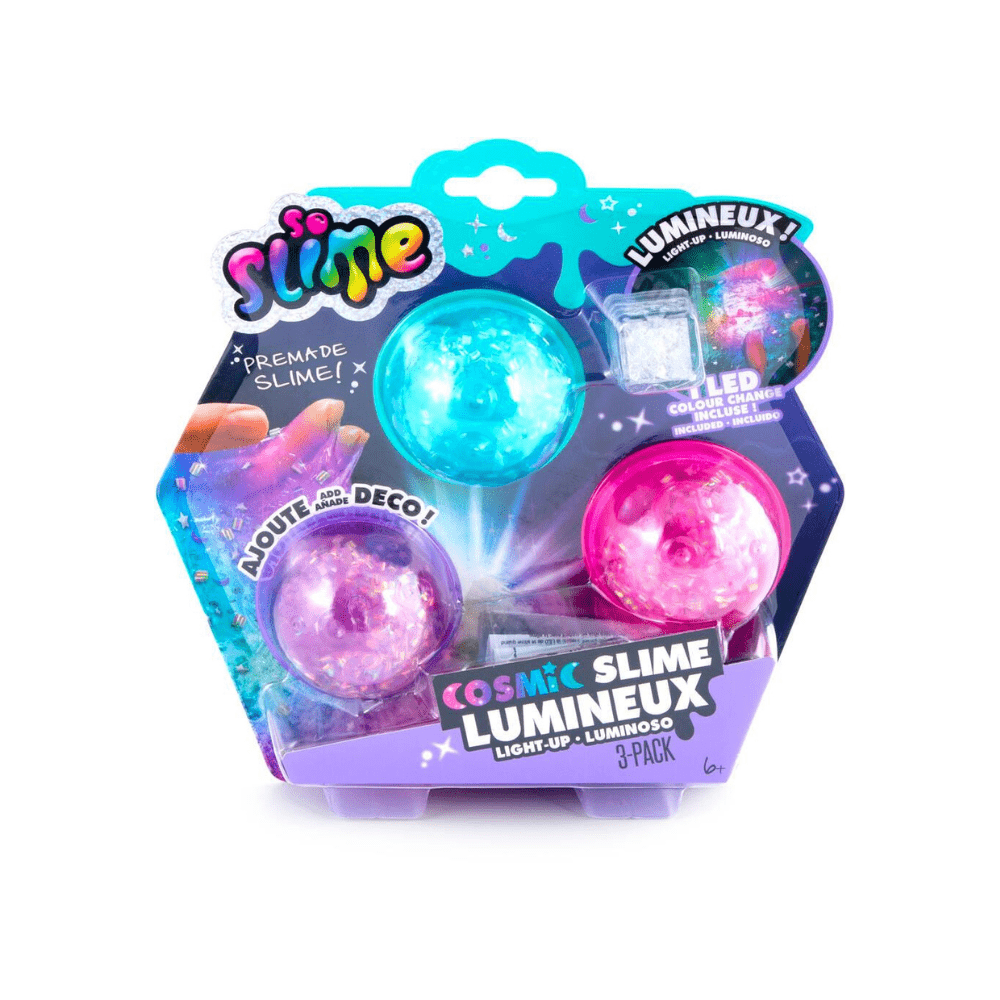 Light-up cosmic slime 3-pack blister with blue, purple, and pink glowing slime balls