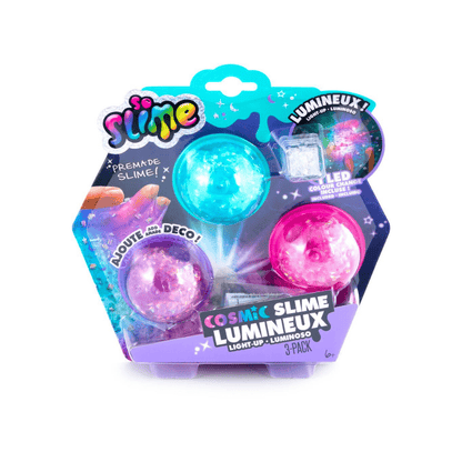 Light-up cosmic slime 3-pack blister with blue, purple, and pink glowing slime balls
