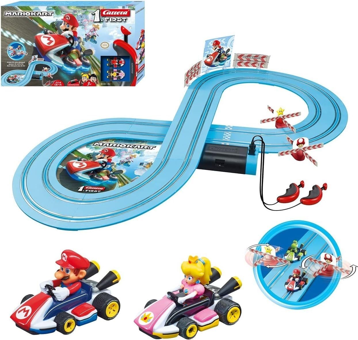 Mario vs Luigi track set: light-blue rails, 2 cars, red launch pieces