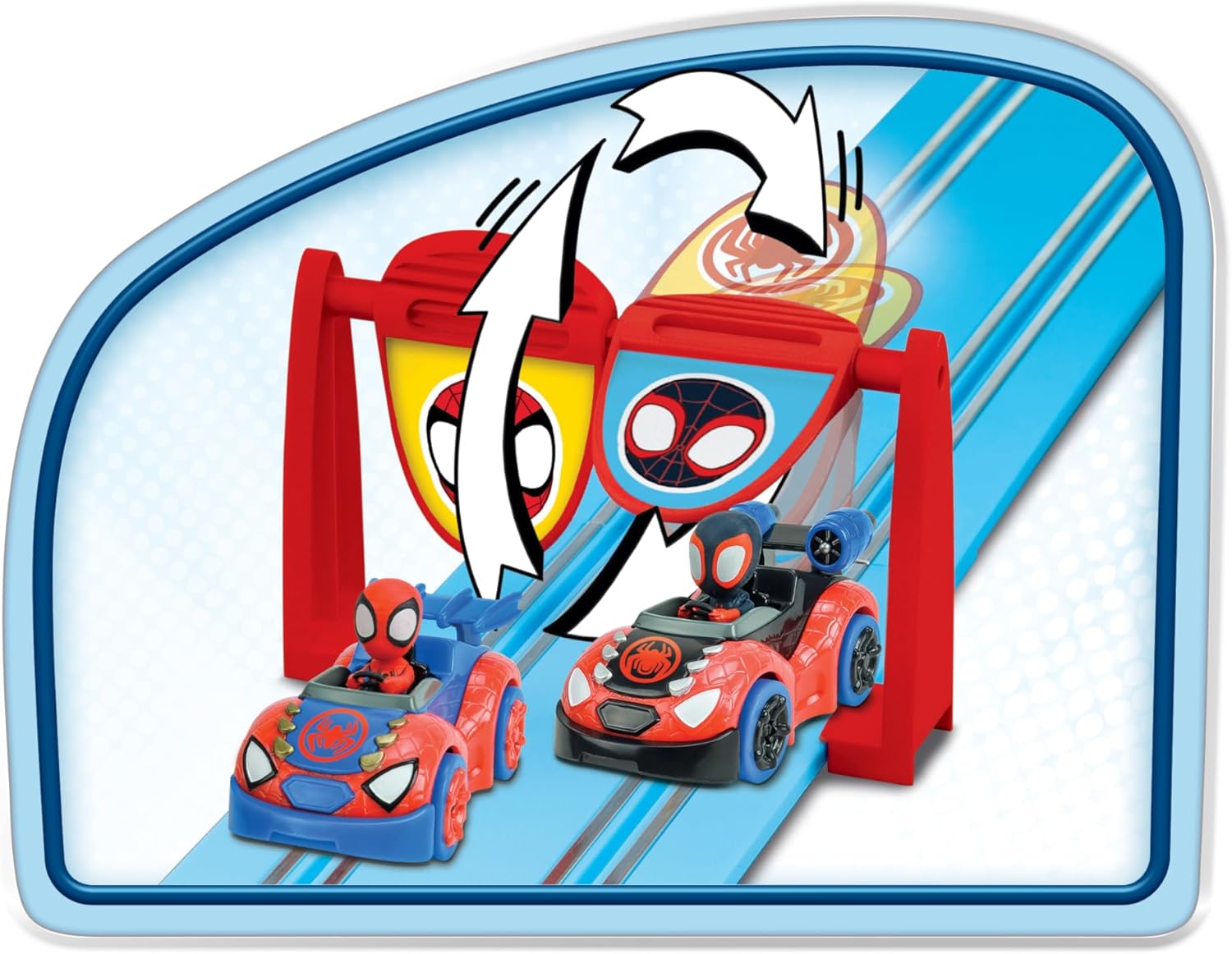 Two red Spider-cars at a red start gate on a blue track bend, close-up