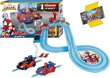 Go Spidey Go racing track set with two red Spider-cars, blue loop and start flags