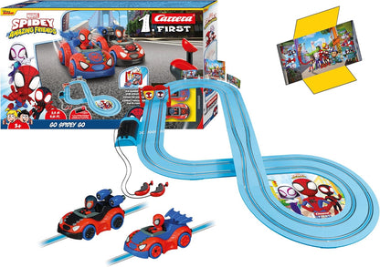 Go Spidey Go racing track set with two red Spider-cars, blue loop and start flags