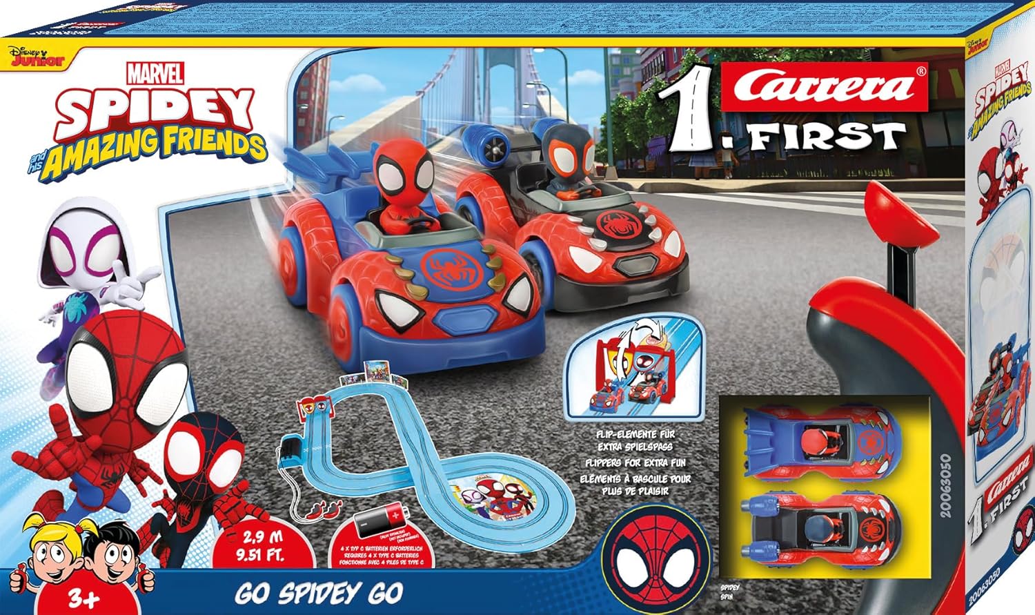 Carrera Go Spidey Go box with two red Spider-cars, blue track loop and launcher