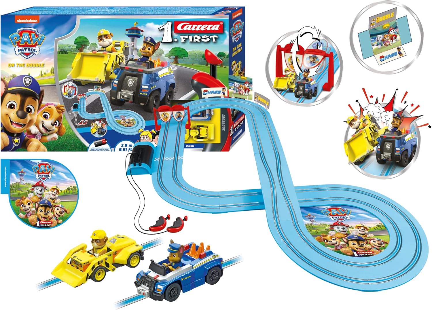 Rennstrecke-Set mit blauen Gleisen, zwei Paw Patrol-Fahrzeugen (gelber Rubble, blauer Chase)