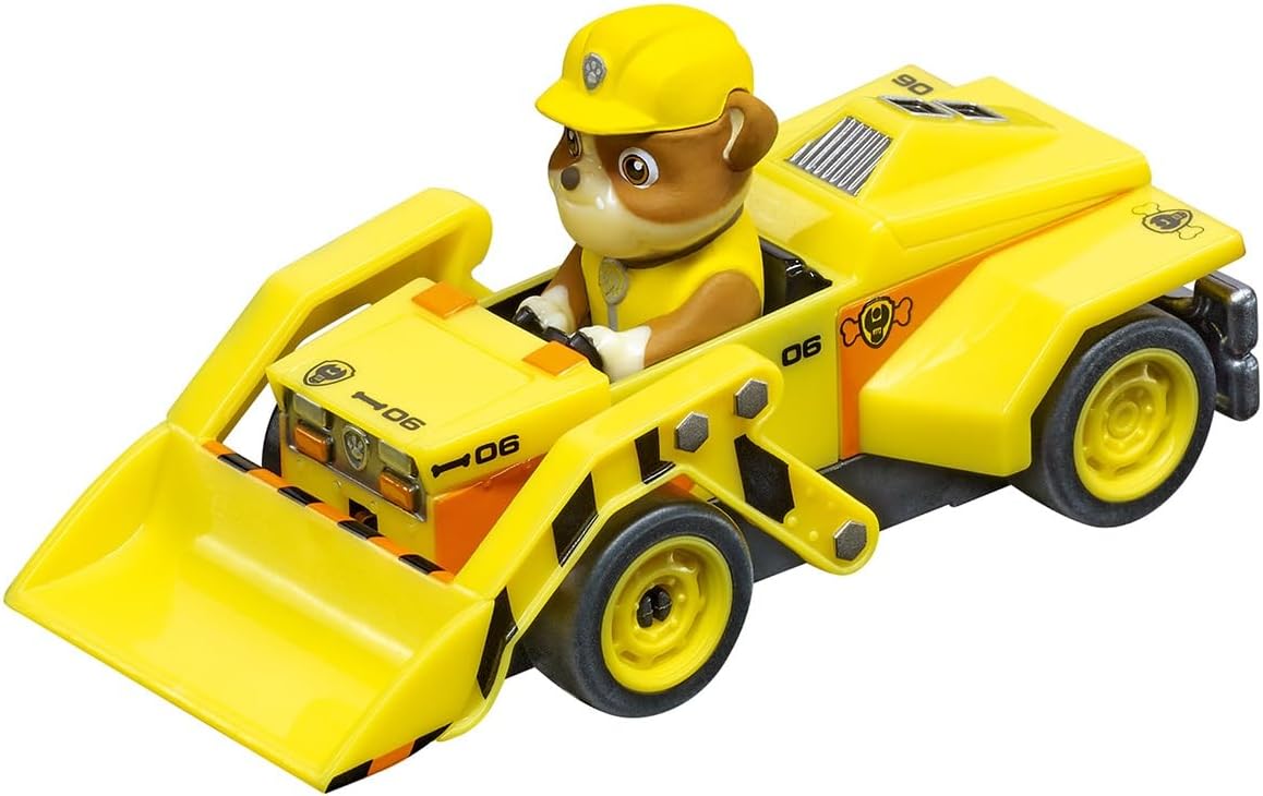 Gelbes Rubble-Spielauto mit Paw-Patrol-Figur, Front-Schaufel und gelben Rädern